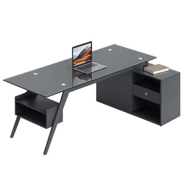 Birou Managerial cu blat din sticlă temperată și corp lateral – 1600×800×750 mm