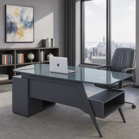 Birou Managerial cu blat din sticlă temperată și corp lateral – 1600×800×750 mm