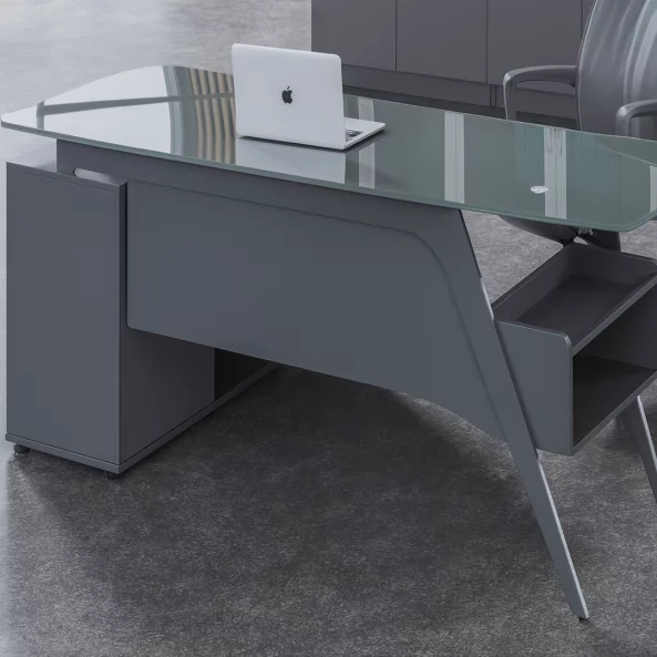 Birou Managerial cu blat din sticlă temperată și corp lateral – 1600×800×750 mm