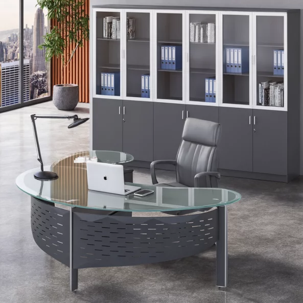 Birou Managerial Modern cu Blat din Sticlă Temperată – 2200×1300×750 mm