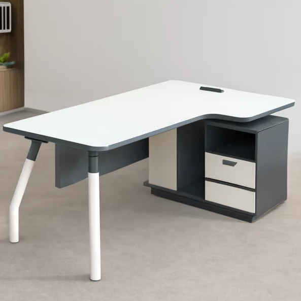 Модерна офис маса с метална опора и вградени рафтове - W1600D1200H750