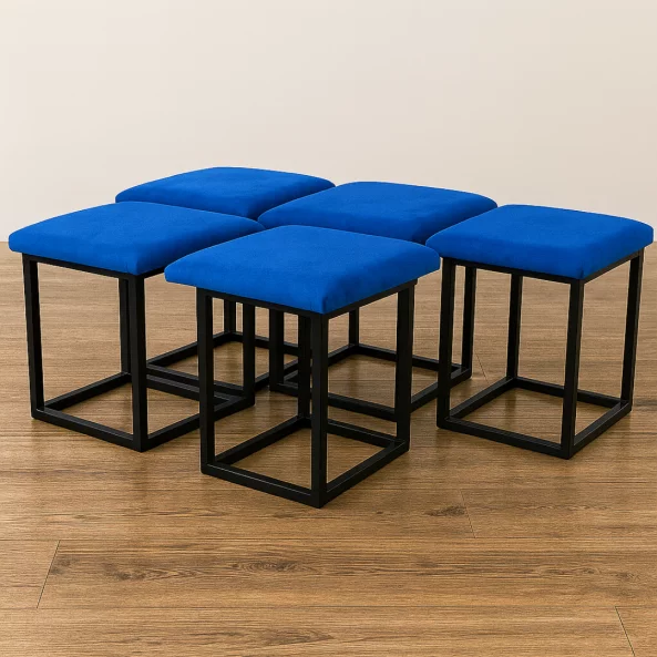 Многофункционален 5 в 1 табурет от кадифе – син цвят