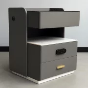 Mesita de noche inteligente con carga inalámbrica, iluminación LED, 3 cajones de almacenamiento, sensor de luz nocturna, altavoz Bluetooth y cerradura biométrica - gris antracita, diseño moderno de vidrio y madera