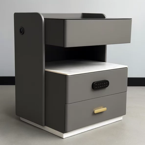 Mesita de noche inteligente con carga inalámbrica, iluminación LED, 3 cajones de almacenamiento, sensor de luz nocturna, altavoz Bluetooth y cerradura biométrica - gris antracita, diseño moderno de vidrio y madera