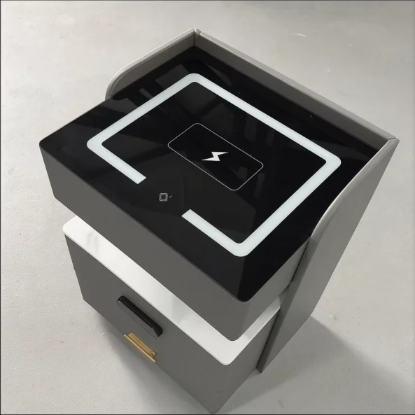 Mesita de noche inteligente con carga inalámbrica, iluminación LED, 3 cajones de almacenamiento, sensor de luz nocturna, altavoz Bluetooth y cerradura biométrica - gris antracita, diseño moderno de vidrio y madera