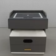 Mesita de noche inteligente con carga inalámbrica, iluminación LED, 3 cajones de almacenamiento, sensor de luz nocturna, altavoz Bluetooth y cerradura biométrica - gris antracita, diseño moderno de vidrio y madera