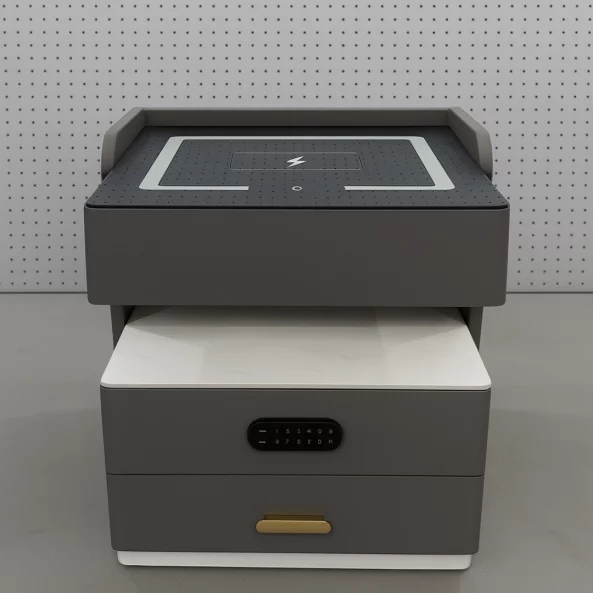Mesita de noche inteligente con carga inalámbrica, iluminación LED, 3 cajones de almacenamiento, sensor de luz nocturna, altavoz Bluetooth y cerradura biométrica - gris antracita, diseño moderno de vidrio y madera