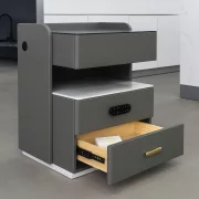 Mesita de noche inteligente con carga inalámbrica, iluminación LED, 3 cajones de almacenamiento, sensor de luz nocturna, altavoz Bluetooth y cerradura biométrica - gris antracita, diseño moderno de vidrio y madera