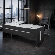 Birou Managerial cu Blat din sticlă si Scaun de birou ergonomic ,reglabil din piele ecologica si cadru din aluminiu ,culoare: negru  ,design modern și elegant ,calitate premium