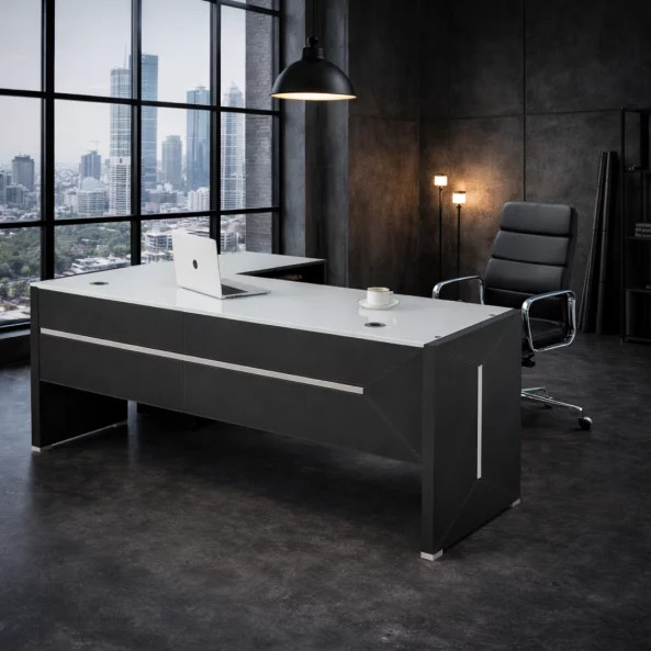 Birou Managerial cu Blat din sticlă si Scaun de birou ergonomic ,reglabil din piele ecologica si cadru din aluminiu ,culoare: negru  ,design modern și elegant ,calitate premium