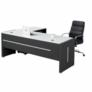 Birou Managerial cu Blat din sticlă si Scaun de birou ergonomic ,reglabil din piele ecologica si cadru din aluminiu ,culoare: negru  ,design modern și elegant ,calitate premium