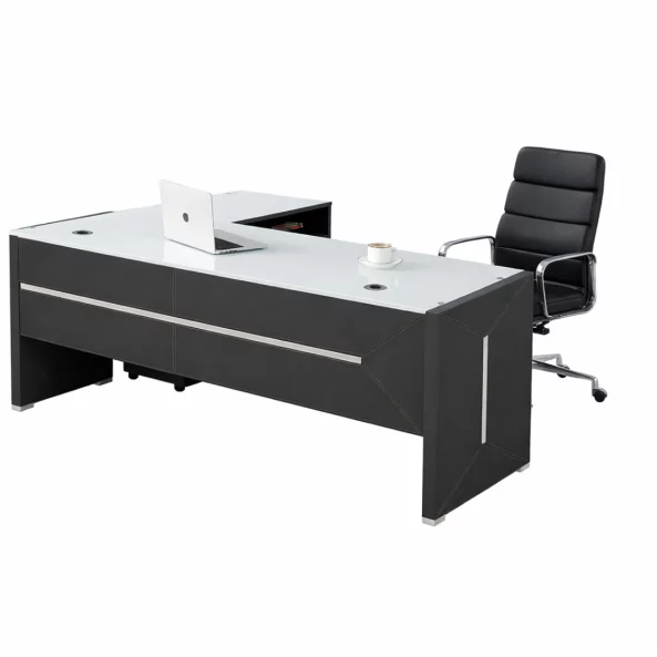 Birou Managerial cu Blat din sticlă si Scaun de birou ergonomic ,reglabil din piele ecologica si cadru din aluminiu ,culoare: negru  ,design modern și elegant ,calitate premium