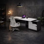 Masă birou cu dulap lateral ,picioare metalice si scaun de birou ergonomic, reglabil, design modern și elegant ,calitate premium