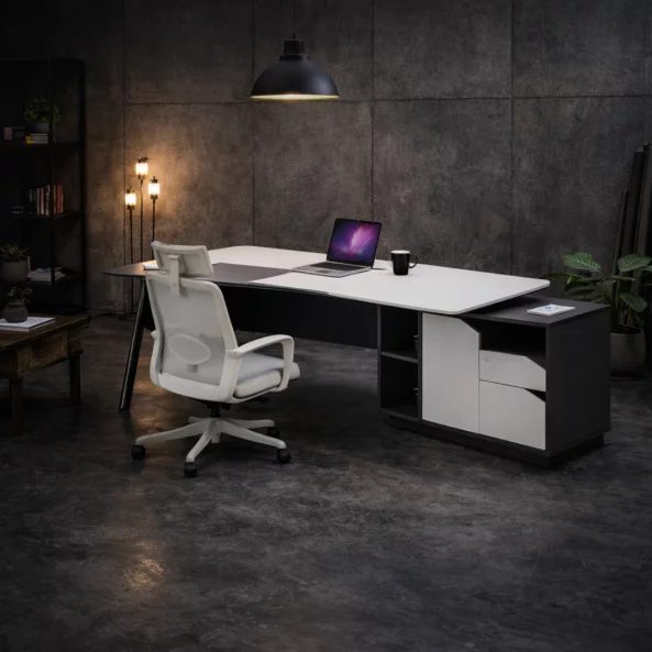 Masă birou cu dulap lateral ,picioare metalice si scaun de birou ergonomic, reglabil, design modern și elegant ,calitate premium