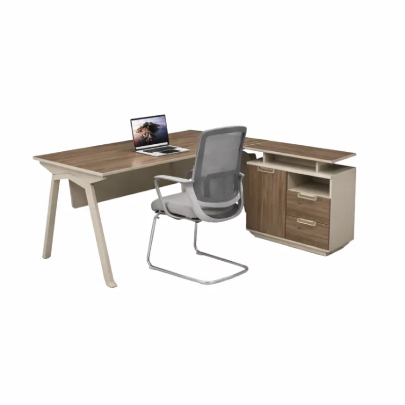 Set birou modern din PAL melaminat cu dulap lateral mobilși scaun ergonomic cu spătar din plasă &ndash; Design premium, eleganță și confort