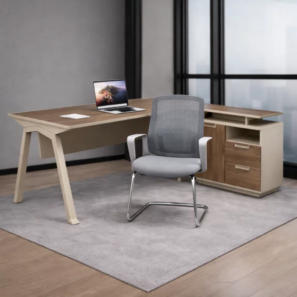 Set birou modern din PAL melaminat cu dulap lateral mobilși scaun ergonomic cu spătar din plasă – Design premium, eleganță și confort