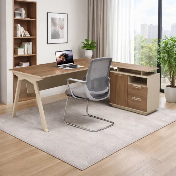 Set birou modern din PAL melaminat cu dulap lateral mobilși scaun ergonomic cu spătar din plasă – Design premium, eleganță și confort