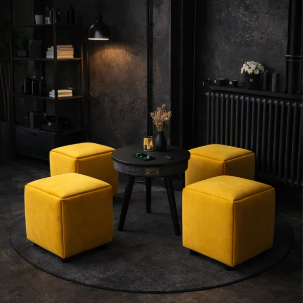 Интелигентна маса с Bluetooth 5.0, 20W аудио система и безжично зареждане – Черна, модерен дизайн от MDF и дъбово дърво Многофункционален табурет 5 в 1 от кадифе – жълт цвят