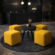 Интелигентна маса с Bluetooth 5.0, 20W аудио система и безжично зареждане – Черна, модерен дизайн от MDF и дъбово дърво Многофункционален табурет 5 в 1 от кадифе – жълт цвят