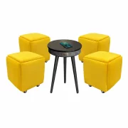 Интелигентна маса с Bluetooth 5.0, 20W аудио система и безжично зареждане – Черна, модерен дизайн от MDF и дъбово дърво Многофункционален табурет 5 в 1 от кадифе – жълт цвят