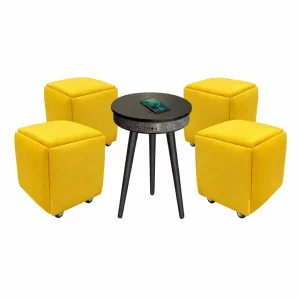 Интелигентна маса с Bluetooth 5.0, 20W аудио система и безжично зареждане – Черна, модерен дизайн от MDF и дъбово дърво Многофункционален табурет 5 в 1 от кадифе – жълт цвят