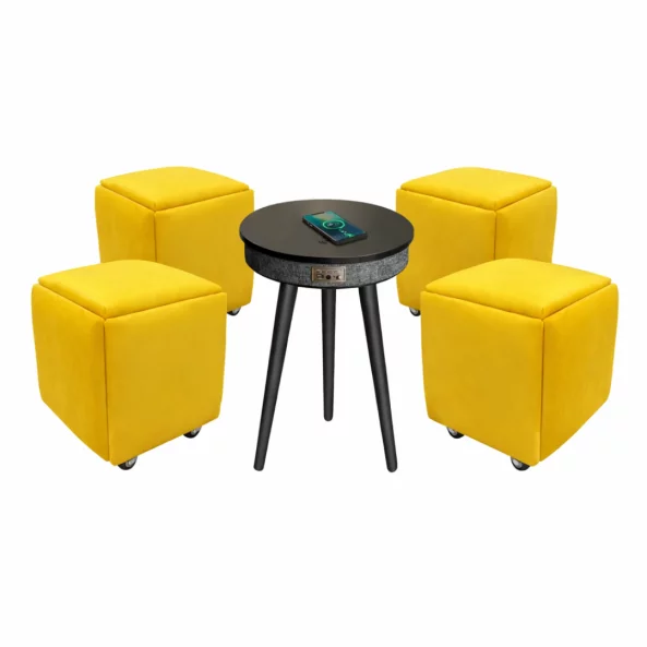 Интелигентна маса с Bluetooth 5.0, 20W аудио система и безжично зареждане – Черна, модерен дизайн от MDF и дъбово дърво Многофункционален табурет 5 в 1 от кадифе – жълт цвят