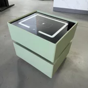 Интелигентно нощно шкафче с безжично зареждане, LED осветление, 2 чекмеджета за съхранение – зелено, модерен дизайн от стъкло и дърво