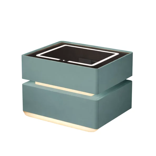 Noptiera inteligenta cu incarcare wireless, iluminare LED, 2 sertare de depozitare – verde, design modern din sticla si lemn-PRODUS RESIGILAT!