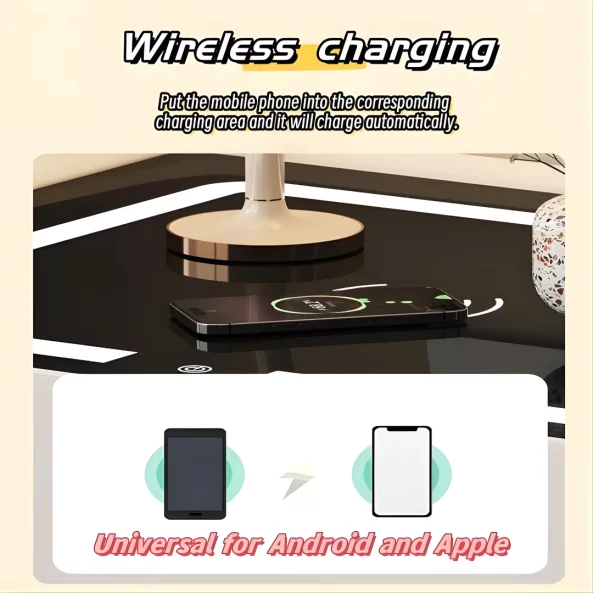 Noptiera inteligenta cu incarcare wireless, iluminare LED, 2 sertare de depozitare – verde, design modern din sticla si lemn-PRODUS RESIGILAT!