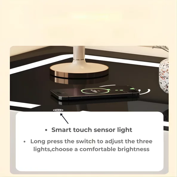 Noptiera inteligenta cu incarcare wireless, iluminare LED, 2 sertare de depozitare – verde, design modern din sticla si lemn-PRODUS RESIGILAT!