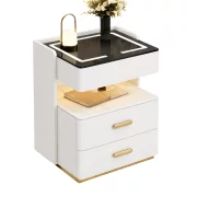 Интелигентно нощно шкафче с безжично зареждане, LED осветление, 3 чекмеджета за съхранение – бял цвят, модерен дизайн от стъкло и дърво