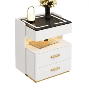 Noptiera inteligenta cu incarcare wireless, iluminare LED, 3 sertare de depozitare – alba, design modern din sticla si lemn