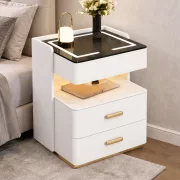 Интелигентно нощно шкафче с безжично зареждане, LED осветление, 3 чекмеджета за съхранение – бял цвят, модерен дизайн от стъкло и дърво