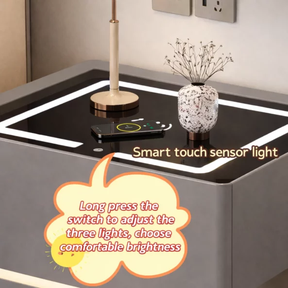 Intelligens éjjeliszekrény vezeték nélküli töltéssel, LED világítással, 2 tárolófiókkal – antracitszürke, modern üveg- és fa dizájnnal