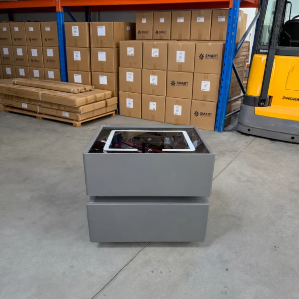 Intelligens éjjeliszekrény vezeték nélküli töltéssel, LED világítással, 2 tárolófiókkal – antracitszürke, modern üveg- és fa dizájnnal