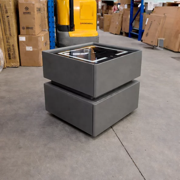 Intelligens éjjeliszekrény vezeték nélküli töltéssel, LED világítással, 2 tárolófiókkal – antracitszürke, modern üveg- és fa dizájnnal