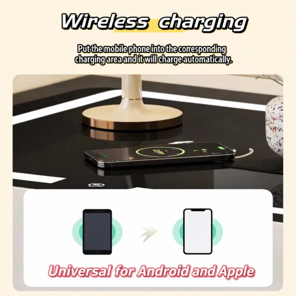 Intelligens éjjeliszekrény vezeték nélküli töltéssel, LED világítással, 2 tárolófiókkal – antracitszürke, modern üveg- és fa dizájnnal