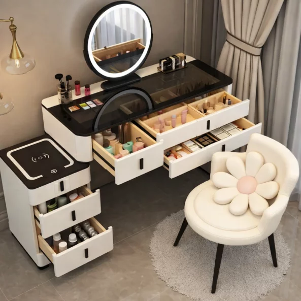 Set ISABELLA &amp; ROSALIE – măsuță de machiaj cu oglindă LED și scaun confortabil 100x40x120 cm