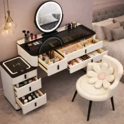 Set ISABELLA &amp; ROSALIE – măsuță de machiaj cu oglindă LED și scaun confortabil 100x40x120 cm