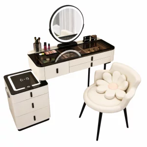 Set ISABELLA &amp; ROSALIE – măsuță de machiaj cu oglindă LED și scaun confortabil 80x40x120