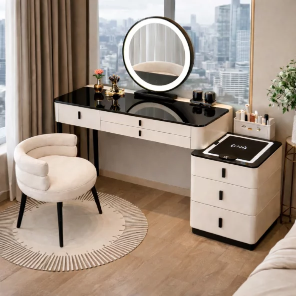 Set MARIPOSA &amp; LUNA – măsuță de machiaj cu oglindă LED și scaun confortabil 100x40x120 cm