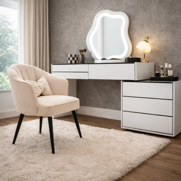 Set AURORA &amp; PEARL – măsuță de machiaj cu oglindă LED și scaun confortabil 100x40x120