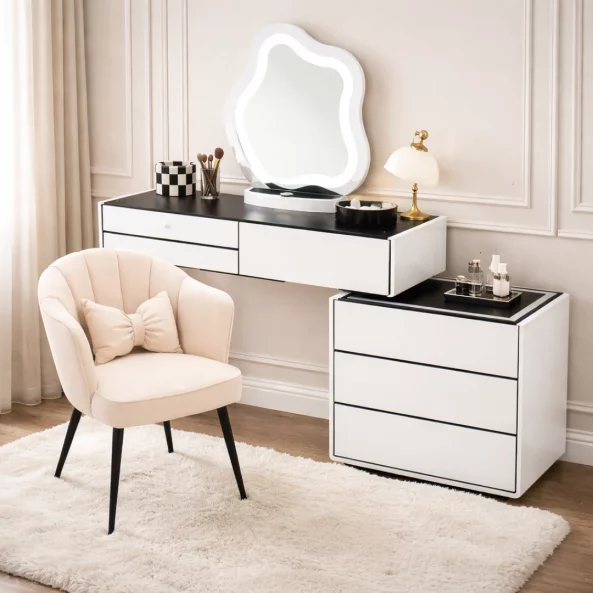Set AURORA &amp; PEARL – măsuță de machiaj cu oglindă LED și scaun confortabil 100x40x120