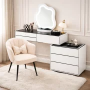Set AURORA &amp; PEARL – măsuță de machiaj cu oglindă LED și scaun confortabil 80x40x120