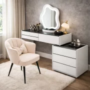 Set AURORA &amp; PEARL – măsuță de machiaj cu oglindă LED și scaun confortabil 80x40x120