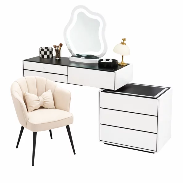 Set AURORA &amp; PEARL – măsuță de machiaj cu oglindă LED și scaun confortabil 80x40x120