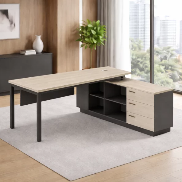 Birou managerial cu picior metalic și corp lateral depozitare W1600×D800×H750 mm