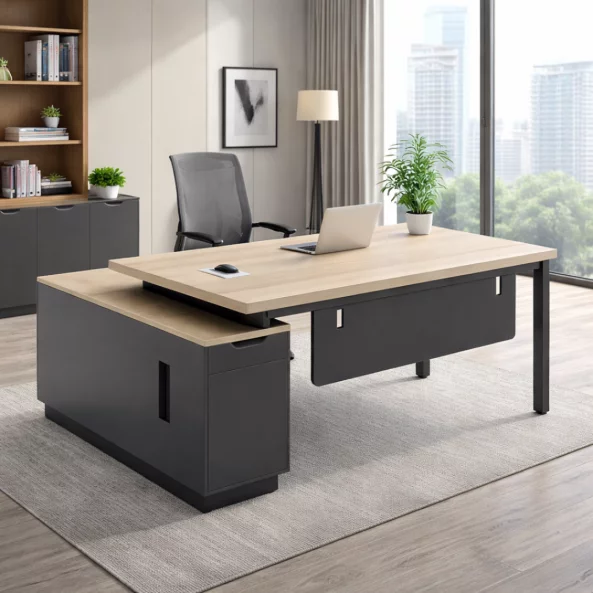Escritorio ejecutivo con pata metálica y módulo lateral de melamina 1200 mm – W1600×D800×H750 mm