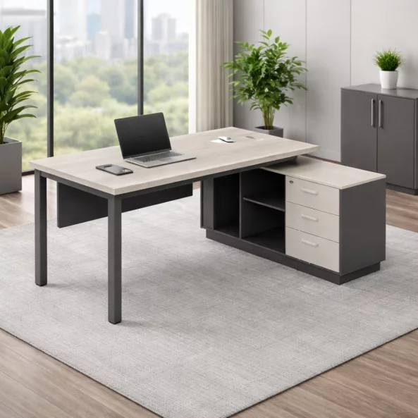 Escritorio ejecutivo con pata metálica y módulo lateral de melamina 1200 mm – W1600×D800×H750 mm