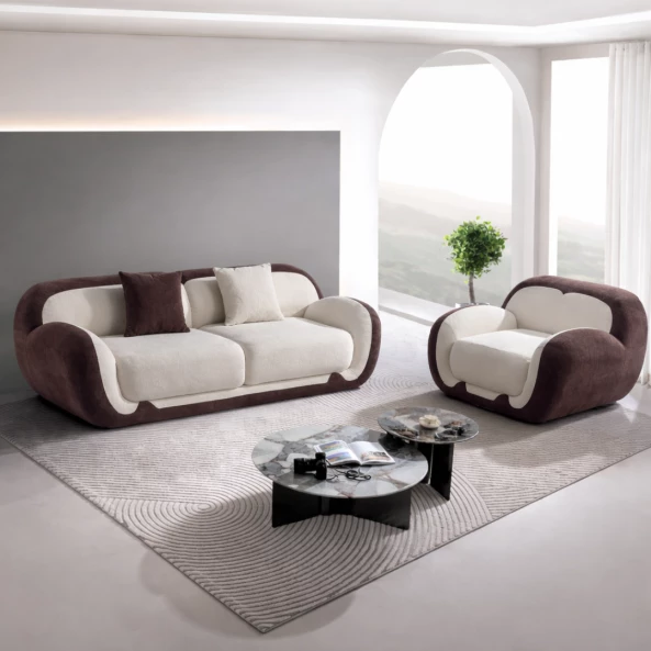 Set Canapea cu 2 locuri și Fotoliu 1 loc, spumă cu densitate W3350-alb &amp; maro